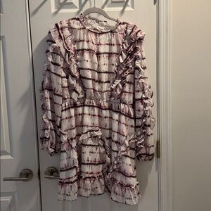 70/21 Pink and White Tie-Dye Ruffled Long Sleeve Dress